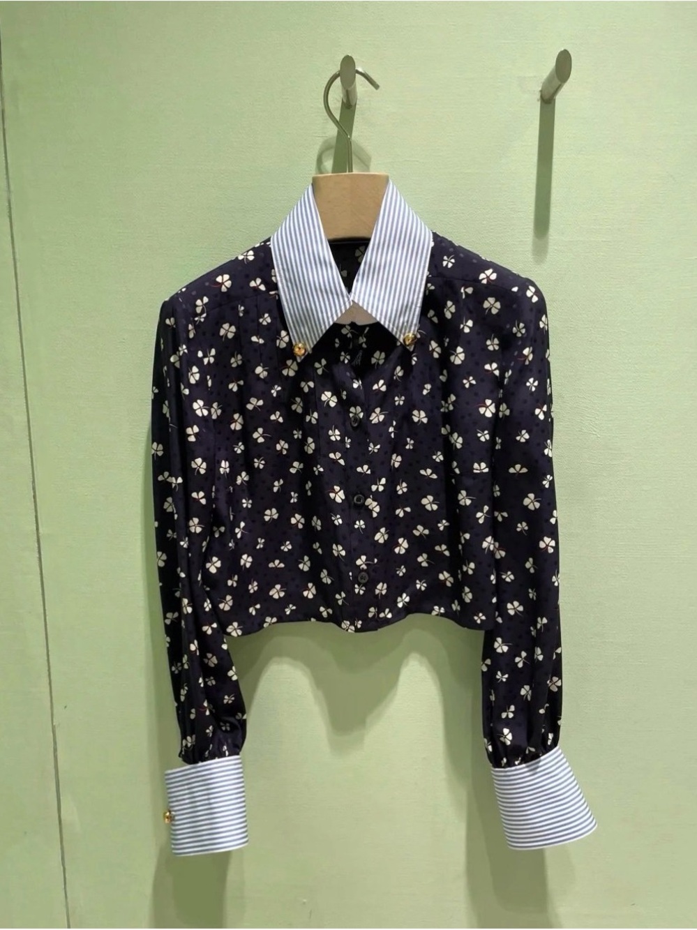 Prada Navy Floral Crop Button-Down with Striped Collar and Cuffs